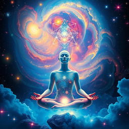 A surreal scene representing the concept of 'unleashing the cosmic mind', featuring an ethereal figure in a meditative pose, surrounded by vibrant, swirling galaxies and bright cosmic colors