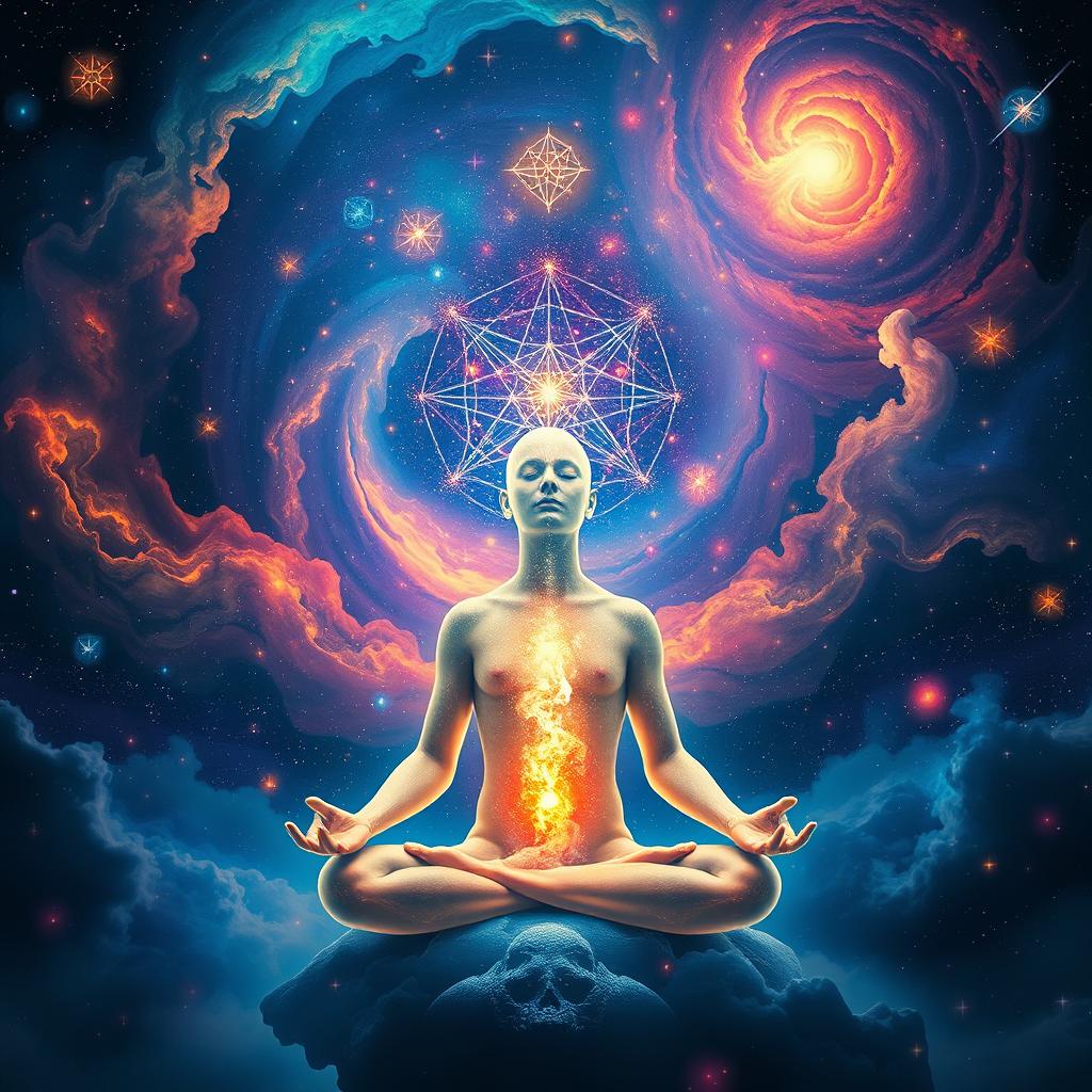 A surreal scene representing the concept of 'unleashing the cosmic mind', featuring an ethereal figure in a meditative pose, surrounded by vibrant, swirling galaxies and bright cosmic colors