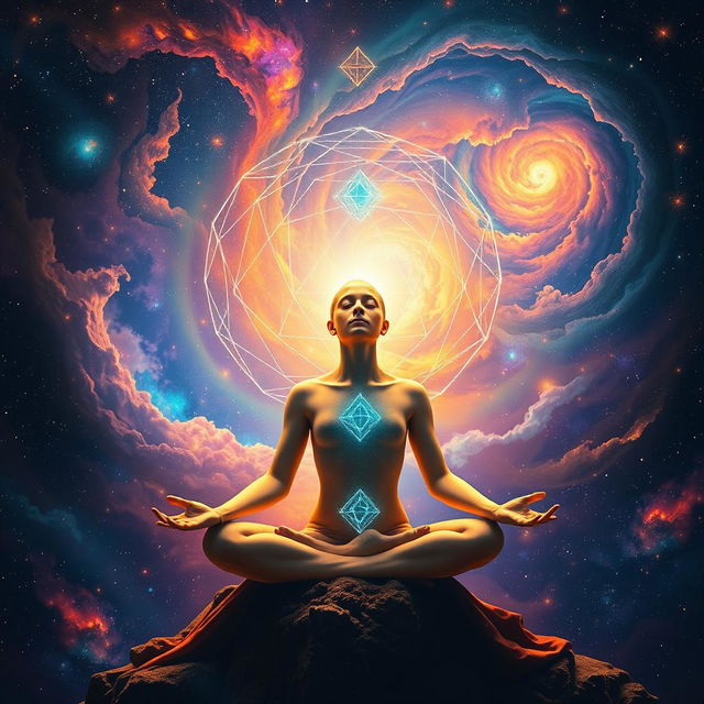 A surreal scene representing the concept of 'unleashing the cosmic mind', featuring an ethereal figure in a meditative pose, surrounded by vibrant, swirling galaxies and bright cosmic colors