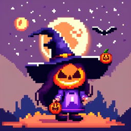 Pixel art PFP of a Halloween scene with a jack-o'-lantern, a witch's hat, and a full moon against a starry night sky.