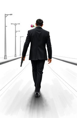 A man walking towards the viewer on an empty street, wearing a sleek black suit, black pants, and polished black shoes