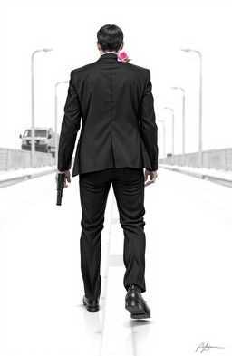 A man walking towards the viewer on an empty street, wearing a sleek black suit, black pants, and polished black shoes