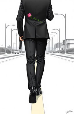 A man walking towards the viewer on an empty street, wearing a sleek black suit, black pants, and polished black shoes