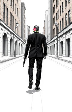 A man walking towards the viewer on an empty street, wearing a sleek black suit, black pants, and polished black shoes