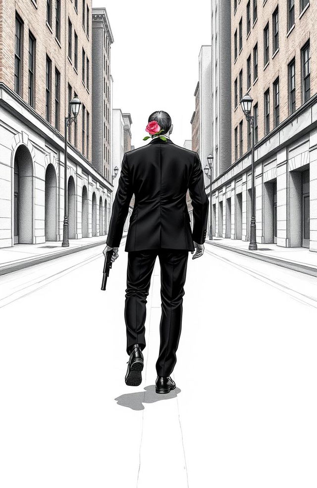 A man walking towards the viewer on an empty street, wearing a sleek black suit, black pants, and polished black shoes