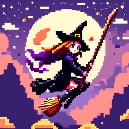 Pixel art PFP of a Halloween witch flying on her broomstick against a full moon in a starry night sky.