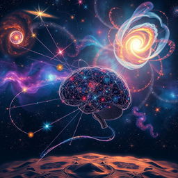 A surrealistic depiction of the 'cosmic mind', featuring a vast expanse of vibrant galaxies and nebulas, intermingling with intricate patterns resembling neural networks
