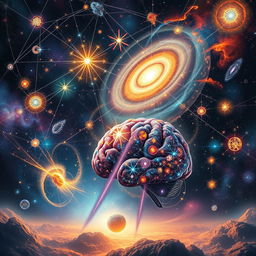 A surrealistic depiction of the 'cosmic mind', featuring a vast expanse of vibrant galaxies and nebulas, intermingling with intricate patterns resembling neural networks