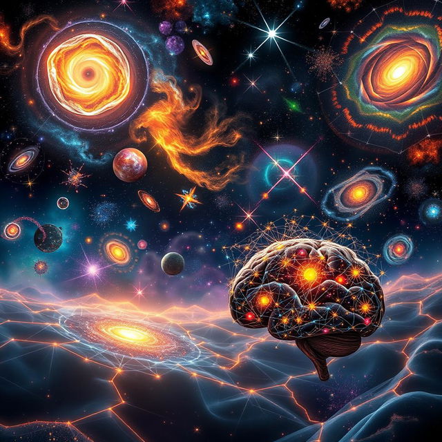 A surrealistic depiction of the 'cosmic mind', featuring a vast expanse of vibrant galaxies and nebulas, intermingling with intricate patterns resembling neural networks