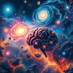 A surrealistic depiction of the 'cosmic mind', featuring a vast expanse of vibrant galaxies and nebulas, intermingling with intricate patterns resembling neural networks