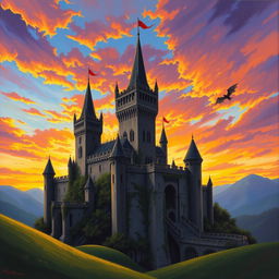 A majestic medieval castle silhouetted against a dramatic sunset sky filled with vibrant oranges, purples, and blues