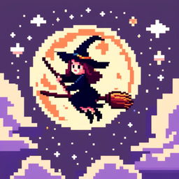 Pixel art PFP of a Halloween witch flying on her broomstick against a full moon in a starry night sky.