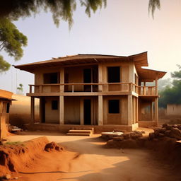 A simple, 47 feet by 30 feet village house with 6 rooms, a latrine bathroom, staircase, and kitchen. The house should not have modern design aesthetics.