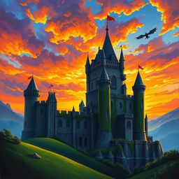 A majestic medieval castle silhouetted against a dramatic sunset sky filled with vibrant oranges, purples, and blues