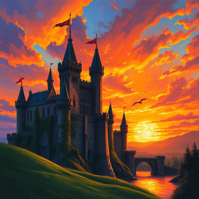 A majestic medieval castle silhouetted against a dramatic sunset sky filled with vibrant oranges, purples, and blues