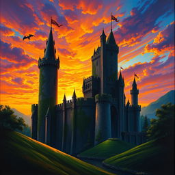 A majestic medieval castle silhouetted against a dramatic sunset sky filled with vibrant oranges, purples, and blues