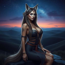 An alluringly beautiful wolf woman from Central Asia, characterized by her captivating features including large, prominent breasts that hold an enticing allure