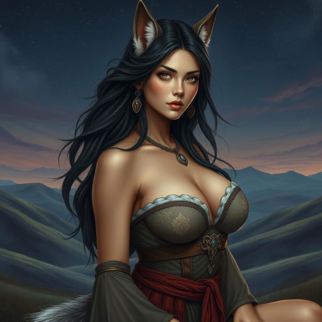 An alluringly beautiful wolf woman from Central Asia, characterized by her captivating features including large, prominent breasts that hold an enticing allure