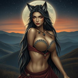 An alluringly beautiful wolf woman from Central Asia, characterized by her captivating features including large, prominent breasts that hold an enticing allure