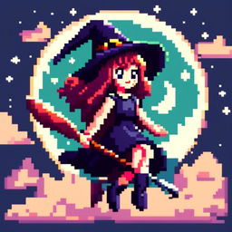 Pixel art PFP of a Halloween witch flying on her broomstick against a full moon in a starry night sky.