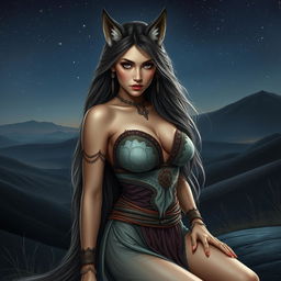 An alluringly beautiful wolf woman from Central Asia, characterized by her captivating features including large, prominent breasts that hold an enticing allure
