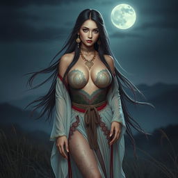 A stunning portrayal of a beautiful Kuntilanak, characterized by her large, alluring breasts and captivating presence that extends gracefully down to her legs