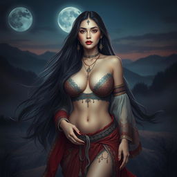 A stunning portrayal of a beautiful Kuntilanak, characterized by her large, alluring breasts and captivating presence that extends gracefully down to her legs