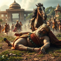A photorealistic scene set in the Mahabharata era, depicting a muscular king in royal attire adorned with gold ornaments and a crown, who has fallen from a galloping horse