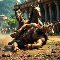 A photorealistic scene set in the Mahabharata era, depicting a muscular king in royal attire adorned with gold ornaments and a crown, who has fallen from a galloping horse