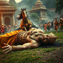 A photorealistic scene set in the Mahabharata era, depicting a muscular king in royal attire adorned with gold ornaments and a crown, who has fallen from a galloping horse