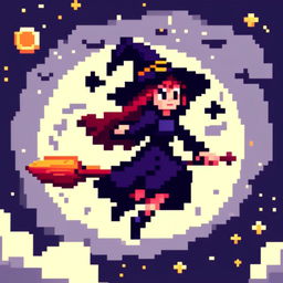 Pixel art PFP of a Halloween witch flying on her broomstick against a full moon in a starry night sky.