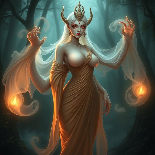 A sexy Thai ghost, a traditional representation of the Naga spirit known as "ผีนางตานี" (Phinang Thani), depicted with alluring features and a voluptuous figure, emphasizing large breasts