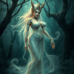 A sexy Thai ghost, a traditional representation of the Naga spirit known as "ผีนางตานี" (Phinang Thani), depicted with alluring features and a voluptuous figure, emphasizing large breasts