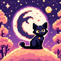 Pixel art PFP of a Halloween black cat sitting against a full moon in a starry night sky.