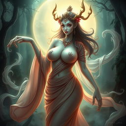 A sexy Thai ghost, a traditional representation of the Naga spirit known as "ผีนางตานี" (Phinang Thani), depicted with alluring features and a voluptuous figure, emphasizing large breasts