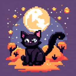 Pixel art PFP of a Halloween black cat sitting against a full moon in a starry night sky.