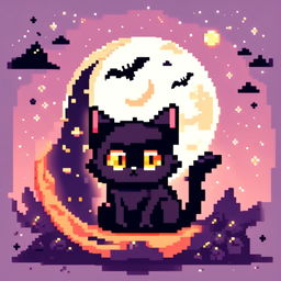 Pixel art PFP of a Halloween black cat sitting against a full moon in a starry night sky.