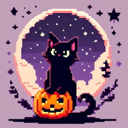 Pixel art PFP of a Halloween black cat sitting against a full moon in a starry night sky.