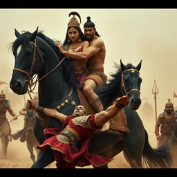 An 8K photorealistic scene capturing a dramatic moment from the Mahabharata