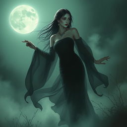 A captivating depiction of a Thai ghost, striking and ethereal, featuring large breasts and wearing a flowing black traditional dress