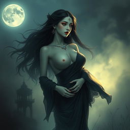 A captivating depiction of a Thai ghost, striking and ethereal, featuring large breasts and wearing a flowing black traditional dress