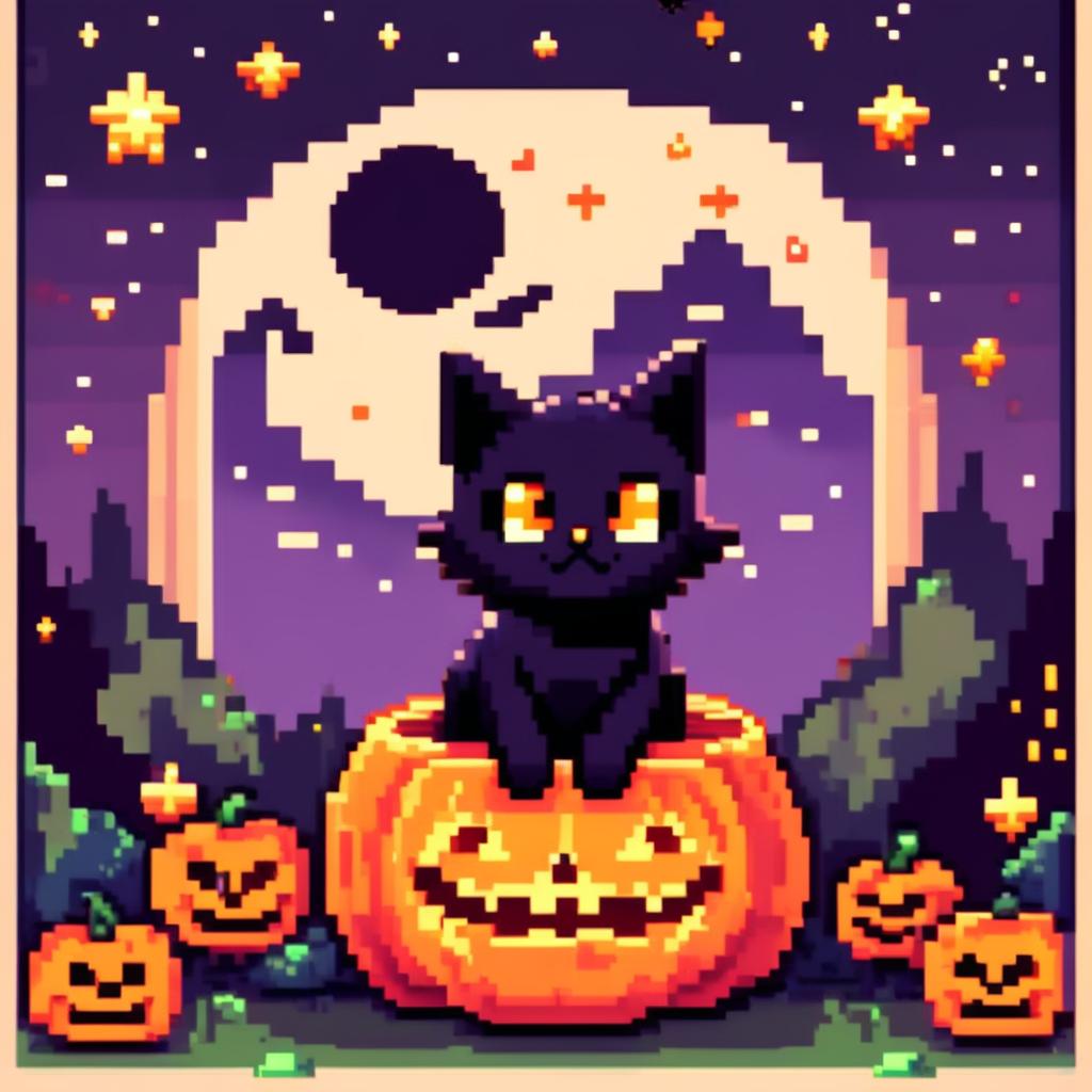 Pixel art PFP of a Halloween scene featuring a black cat inside a carved pumpkin against a starry night sky.