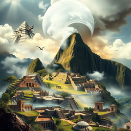 A visually stunning collage depicting ten ancient civilizations that mysteriously vanished, such as the Maya, Inca, Aztec, Sumerian, Indus Valley, Minoan, Hittite, Ancestral Puebloans, and the Khmer Empire