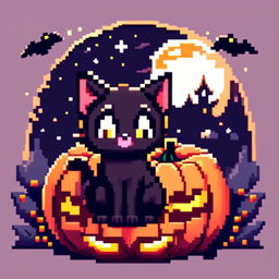 Pixel art PFP of a Halloween scene featuring a black cat inside a carved pumpkin against a starry night sky.