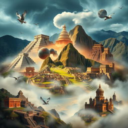 A visually stunning collage depicting ten ancient civilizations that mysteriously vanished, such as the Maya, Inca, Aztec, Sumerian, Indus Valley, Minoan, Hittite, Ancestral Puebloans, and the Khmer Empire