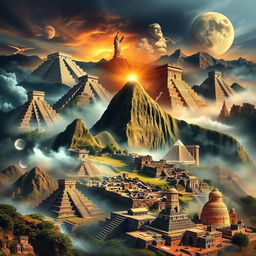 A visually stunning collage depicting ten ancient civilizations that mysteriously vanished, such as the Maya, Inca, Aztec, Sumerian, Indus Valley, Minoan, Hittite, Ancestral Puebloans, and the Khmer Empire
