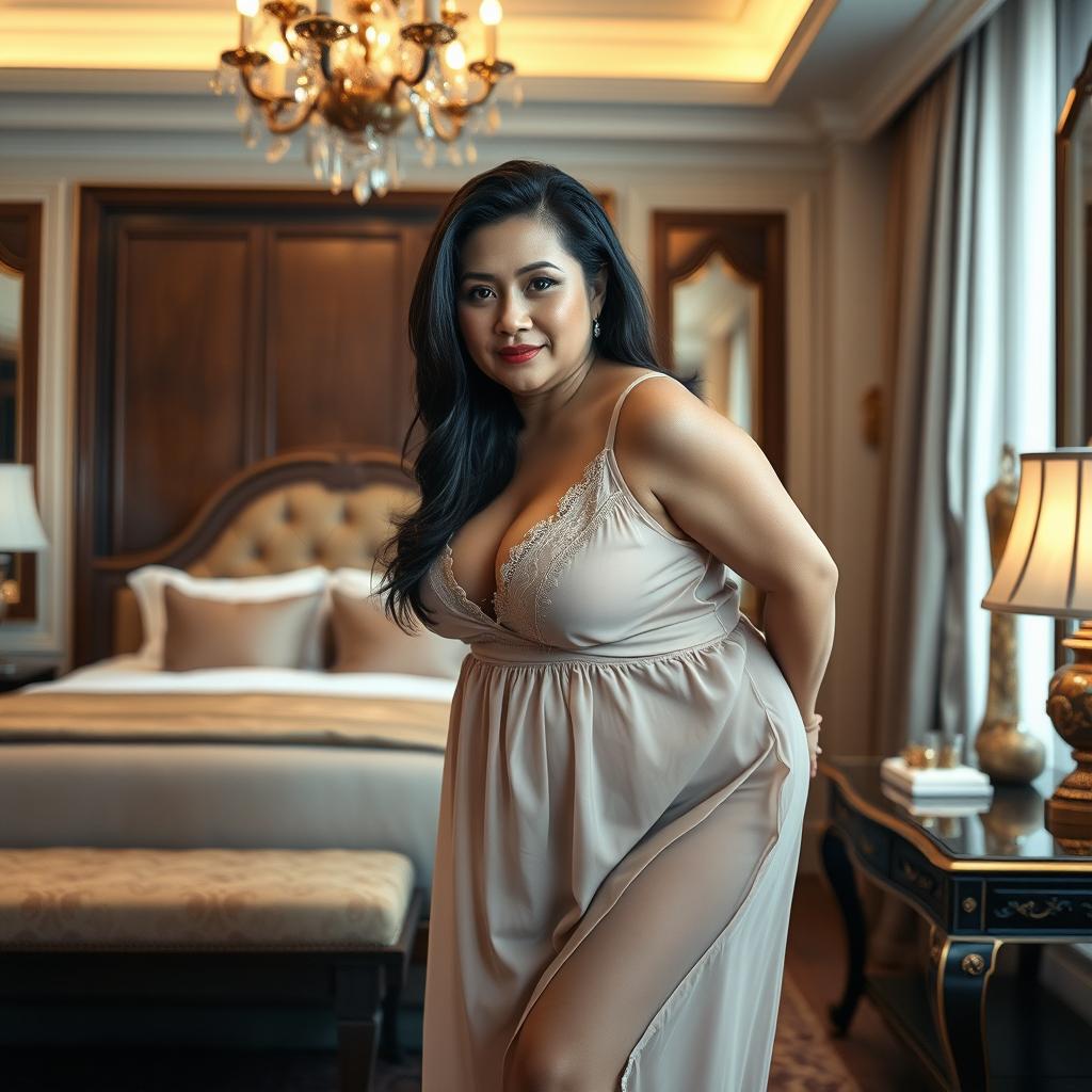 A 50-year-old Thai woman dressed in a lightweight, sheer nightgown, with a curvy figure and large breasts, bending over next to an elegant, luxurious bed in a beautifully decorated room