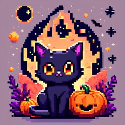 Pixel art PFP of a Halloween scene featuring a black cat inside a carved pumpkin against a starry night sky.