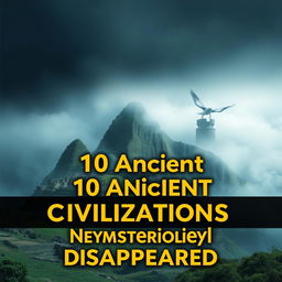 A professional thumbnail design featuring 10 ancient civilizations that mysteriously disappeared, such as the Maya, the Incas, Atlantis, the Indus Valley Civilization, the Easter Island inhabitants, the Olmecs, the Minoans, the Hittites, the Ancestral Puebloans, and the Sumerians