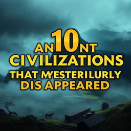 A professional thumbnail design featuring 10 ancient civilizations that mysteriously disappeared, such as the Maya, the Incas, Atlantis, the Indus Valley Civilization, the Easter Island inhabitants, the Olmecs, the Minoans, the Hittites, the Ancestral Puebloans, and the Sumerians